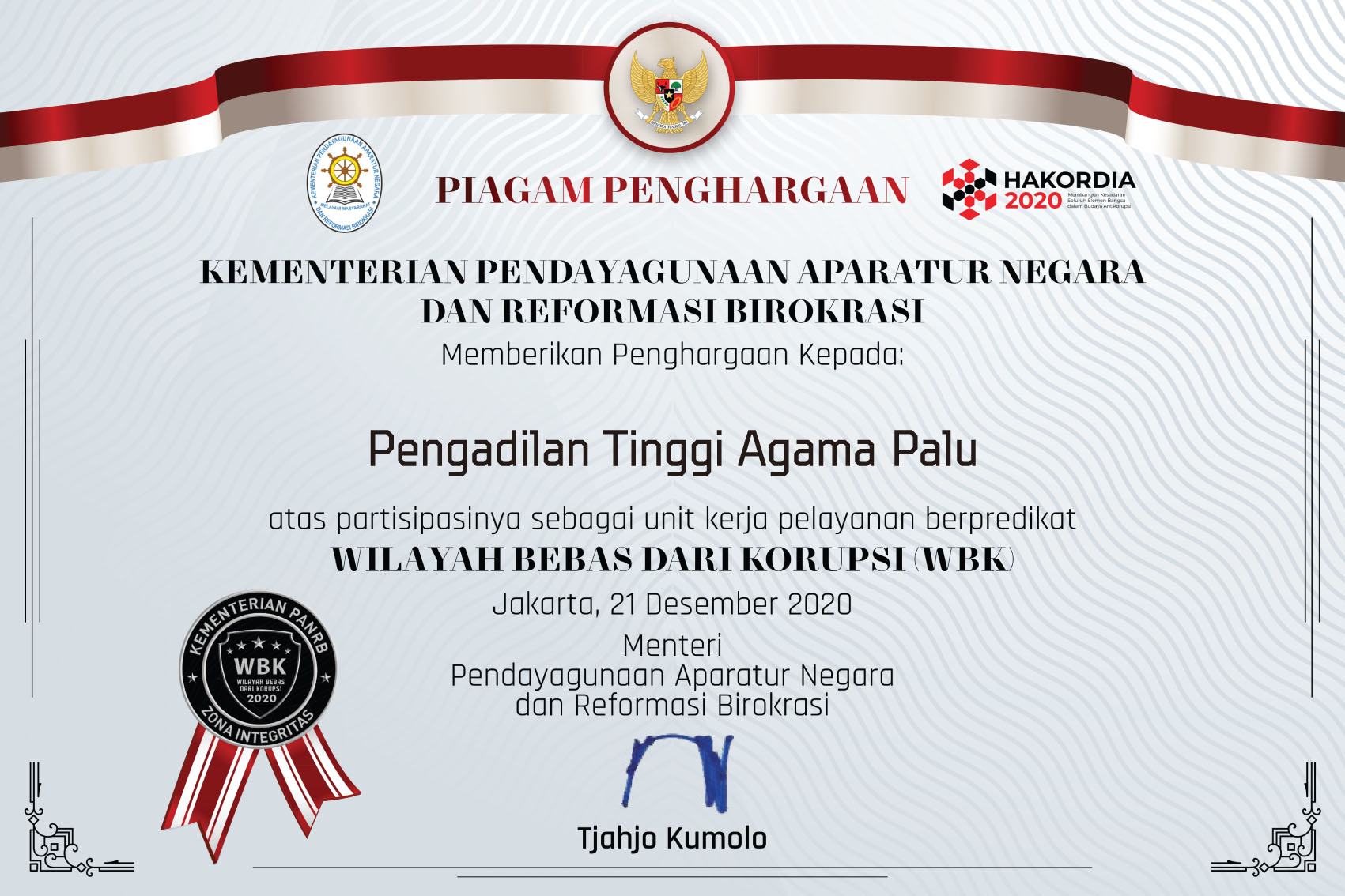 PENGADILAN TINGGI AGAMA PALU MENDAPAT PREDIKAT WILAYAH BEBAS KORUPSI (WBK)